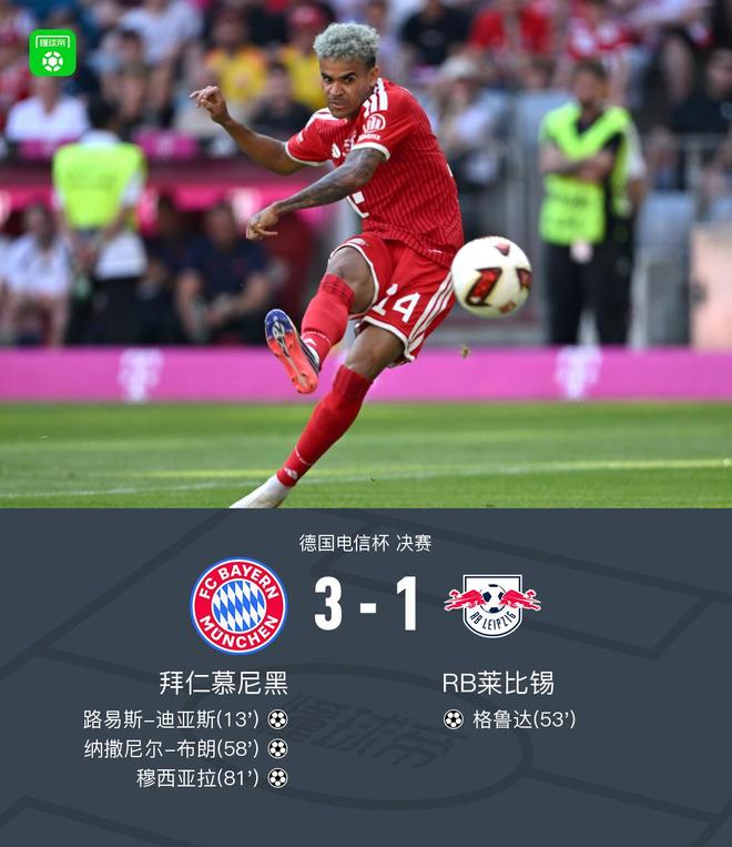 拜仁3-1莱比锡电信杯夺冠，迪亚斯、布朗破门，穆西亚拉进球&伤退